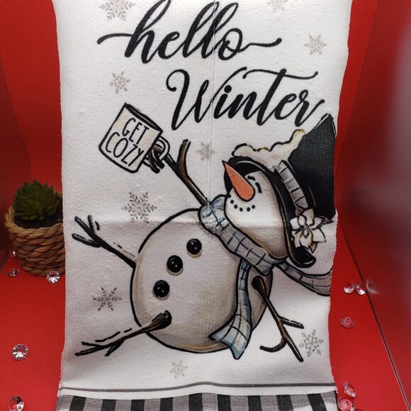 Hello Winter Snowman Tea Towel - Picture 1 of 3